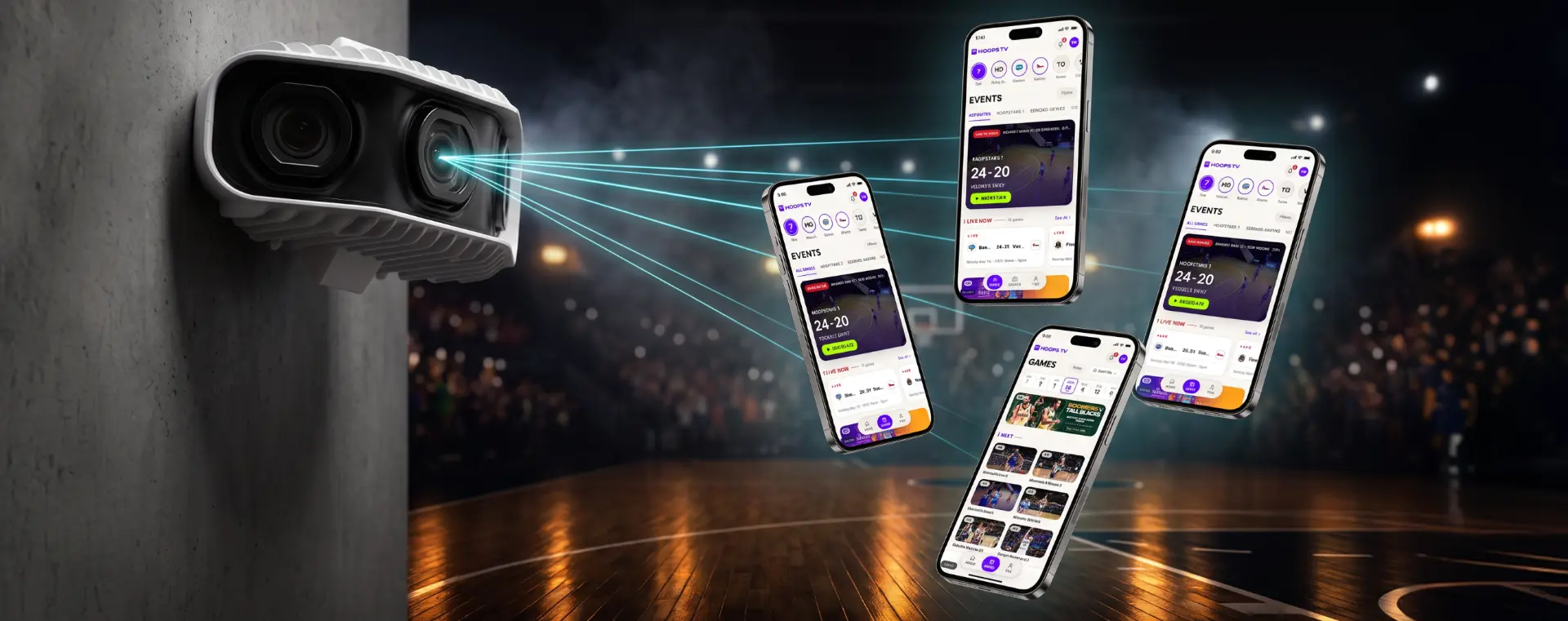 Pixellot camera distributing a live basketball game to HoopsTV phones