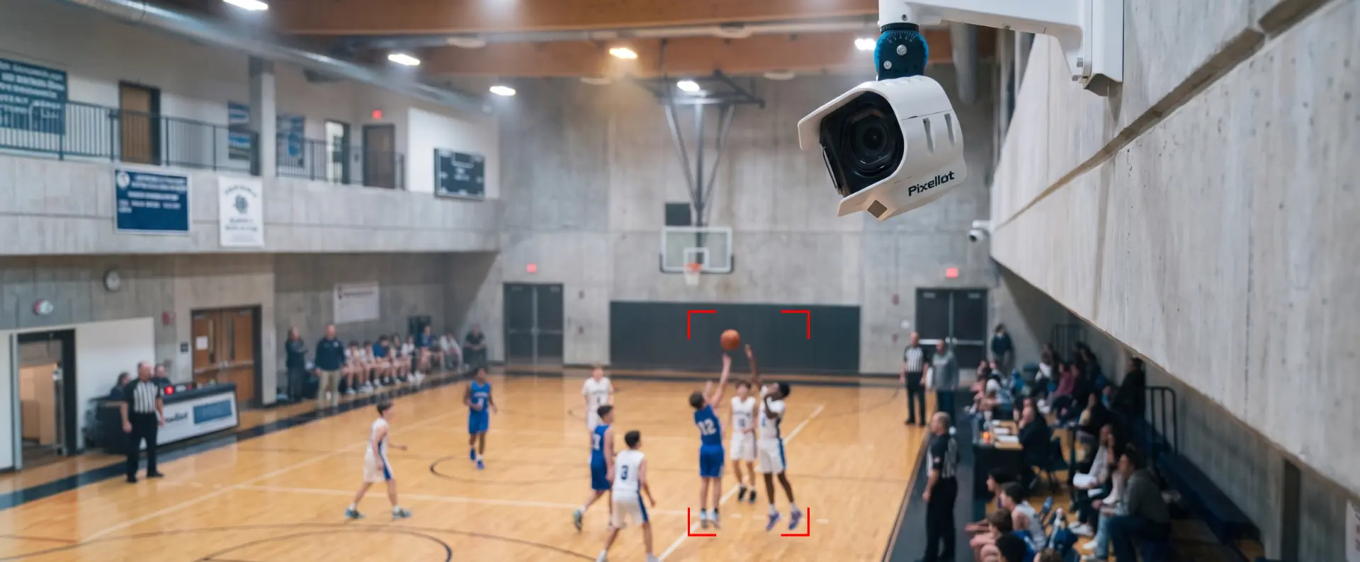 Pixellot automated camera filming a basketball game